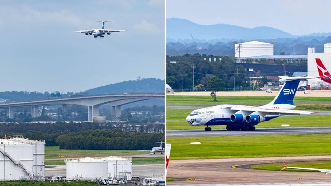 A Silk Way Airlines Il-76 cargo plane lands at Brisbane International Airport on Wednesday morning.