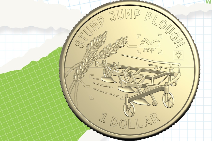 A $1 Australian coin featuring the design of a stump jump plough.