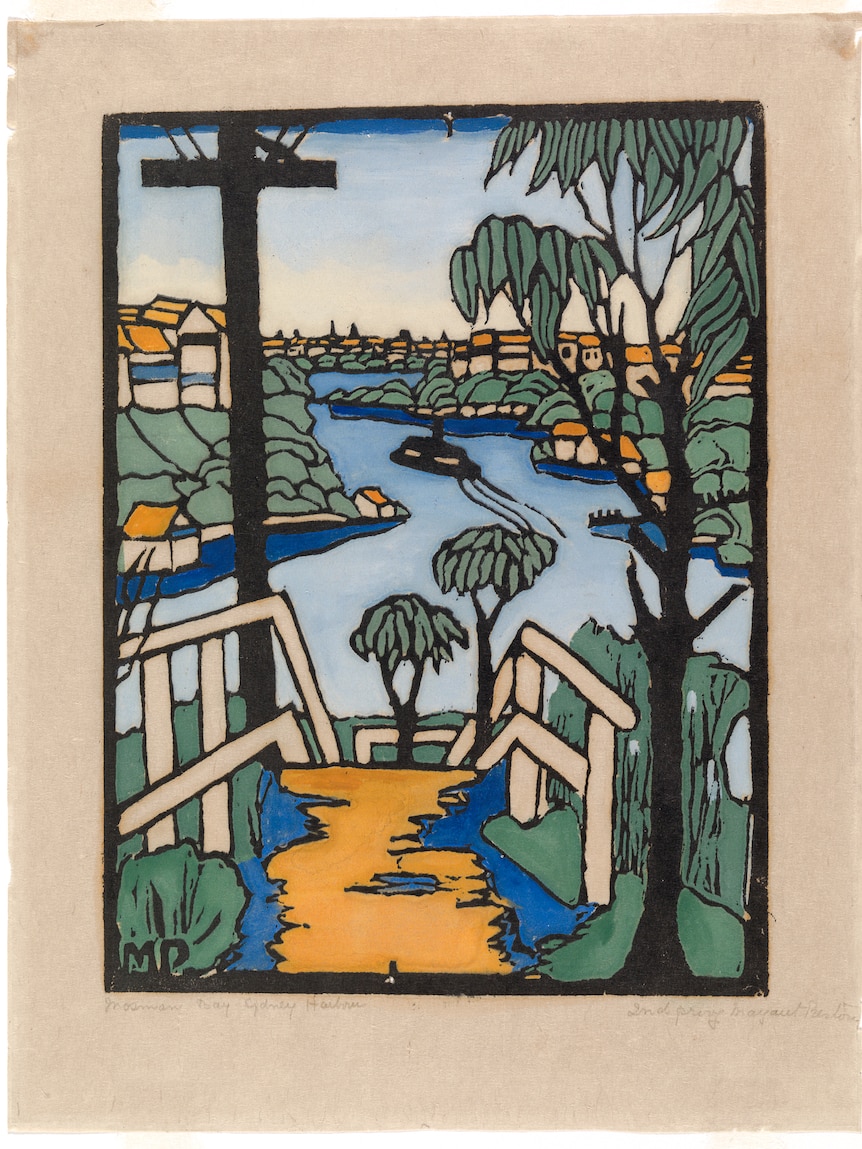 Woodblock print of a path leading down to a harbour with a boat on it and houses on the edge, in bright blues and greens