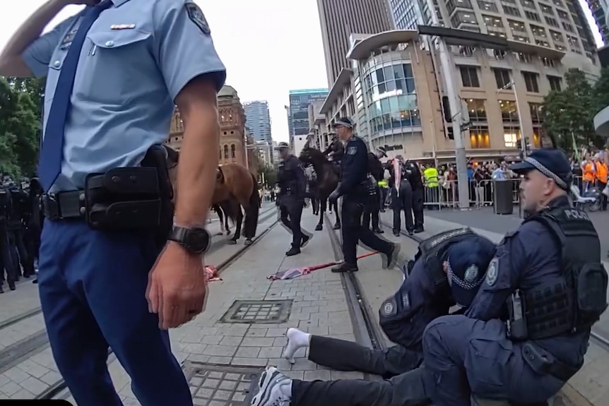 nsw police officers hold a person down on a street in sydney cbd during herzog protest