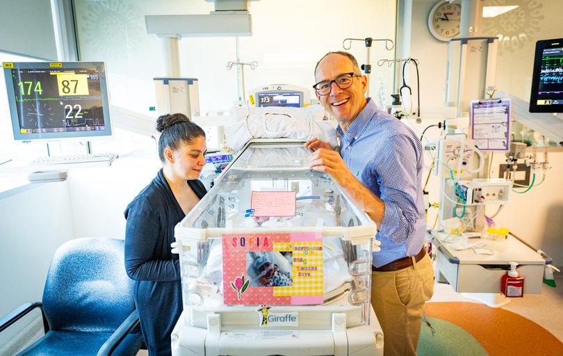 Emma Bourke, with Sofia, who was born at 25 weeks and Clinical Professor Tobias Strunk.