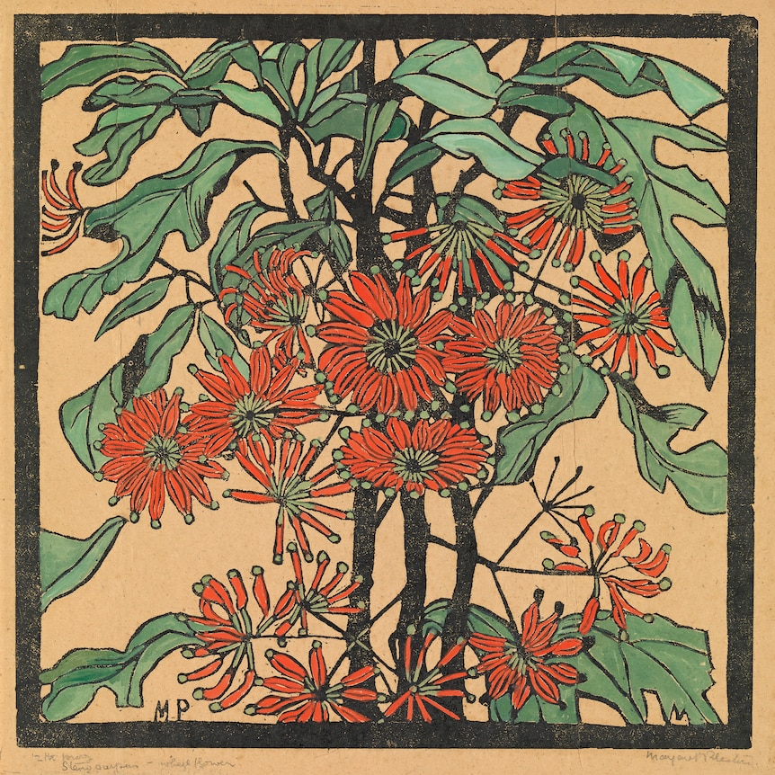 Woodcut print of bright orange wheelflowers and green leaves, printed onto light brown background