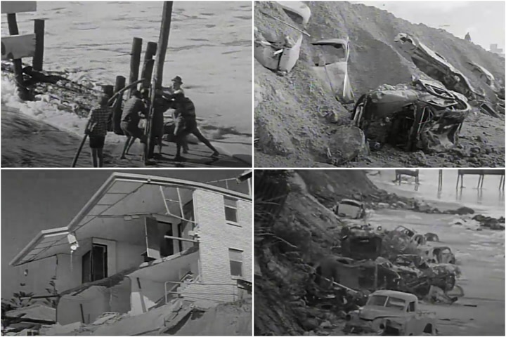 black and white photos of damaged houses and cars on the beach