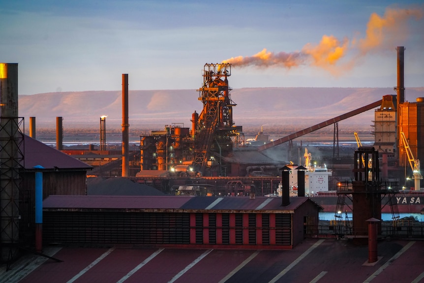 The blast furnace at the Whyalla steelworks emitting smoke during a shutdown.
