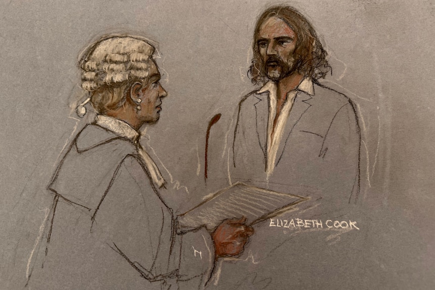 A sketch of a person in a wig and robe looks at a man standing in front of a microphone