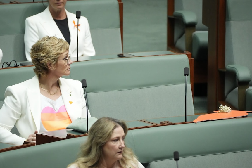 Zali Steggall looks across at empty seat next to her in Parliament. 