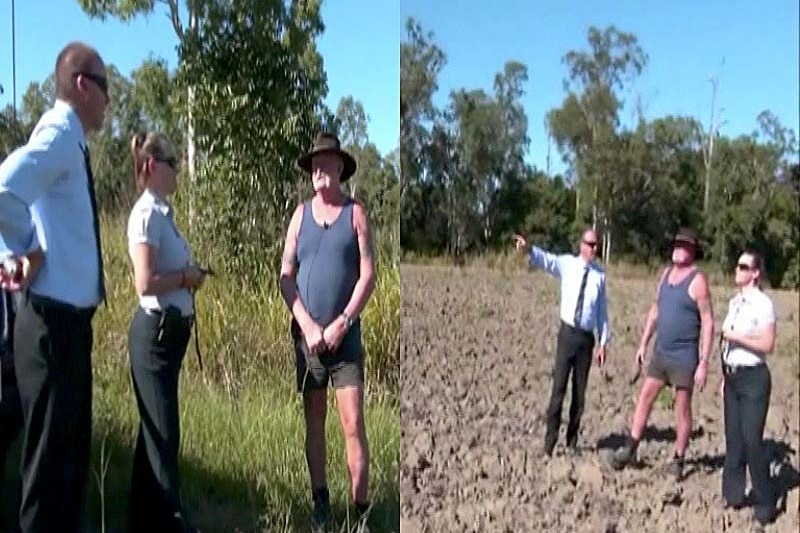 A composite image showing a man standing in a paddock and in bushland with a man and a woman.