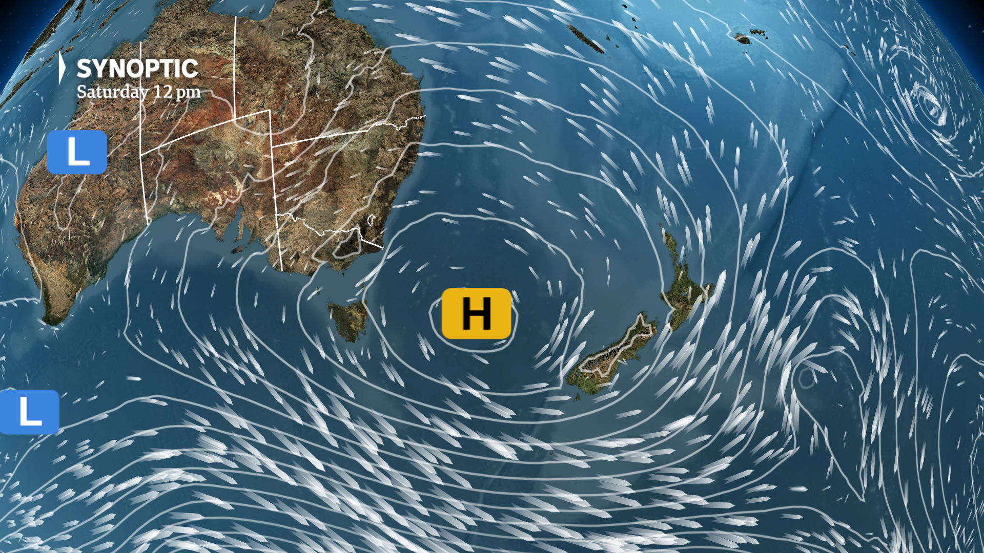 a weather map of australia shows a high pressure system has planted itself in the Tasman Sea