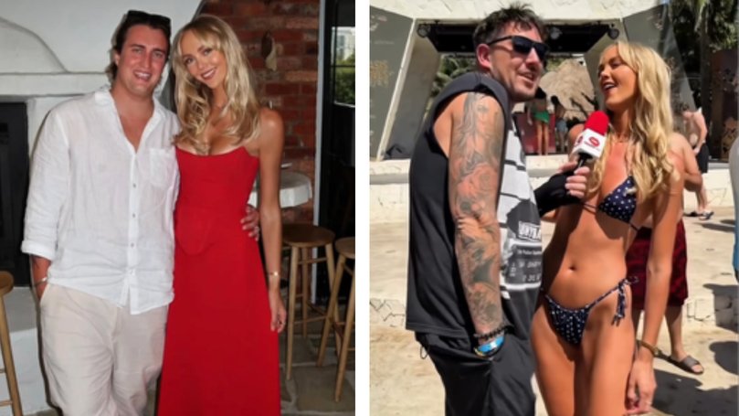 Images from Pownall's clip showing Henry Brayshaw with Annie Knight and, right, Pownall meeting Knight in Cancun.