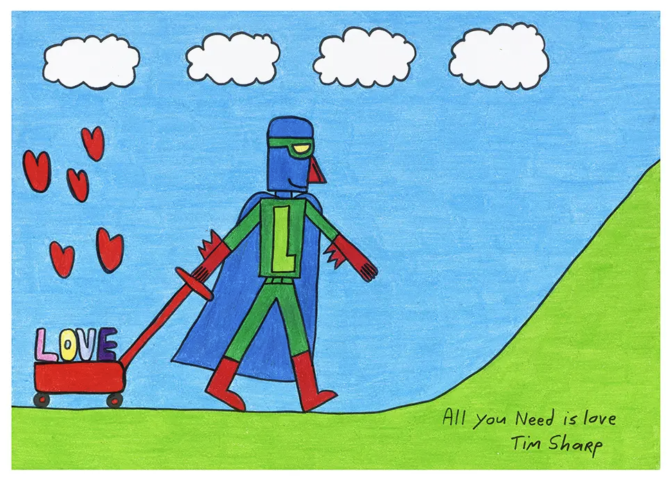 A colourful drawing of a superhero pulled a cart of hears with the wording All you need is love