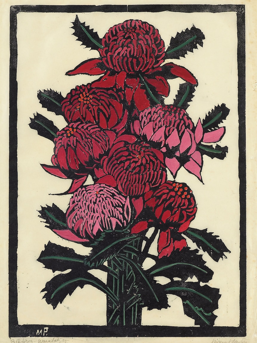 Woodcut print of a bouquet of seven waratah flowers in deep reds and pinks with spiky dark green leaves