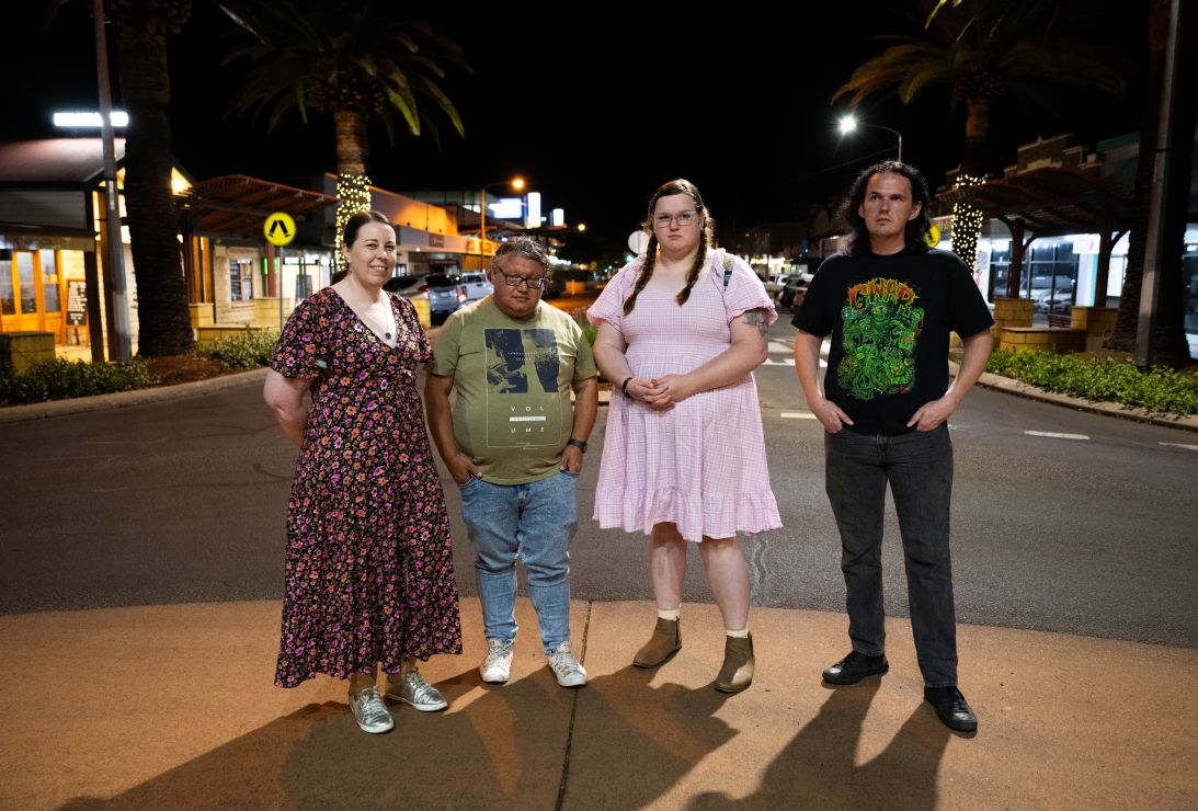 Residents concerned about the proposed construction of AI data centre (L to R) Angela Prenzler, Shane Cora, Corey Cora and Joel Holtham are photographed in the centre of Dalby, Australia, on October 9, 2026.