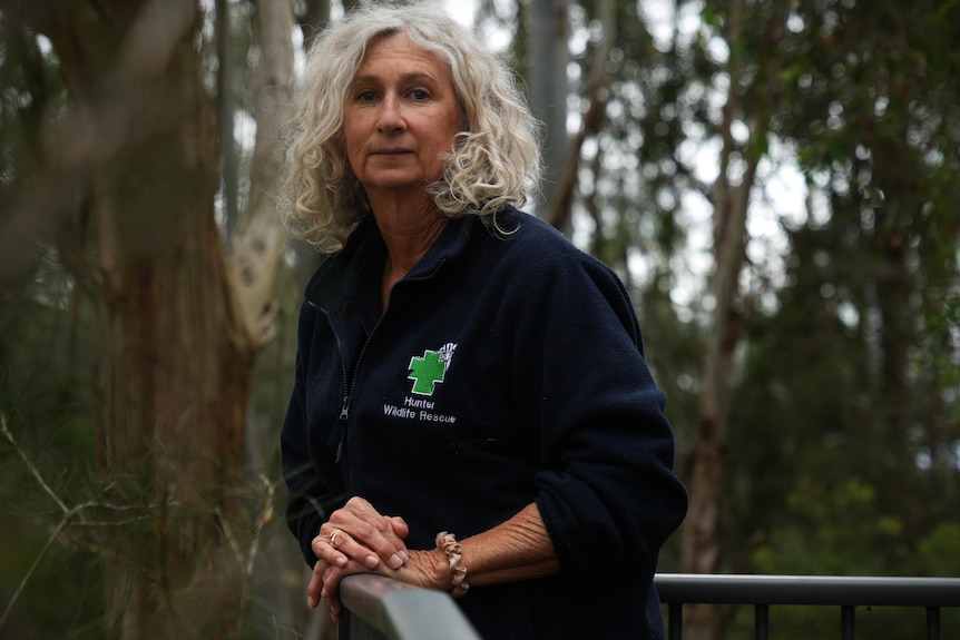 Kerry Walker has short hair, wears zip up jacket and leans on a fence overlooking a forest. 