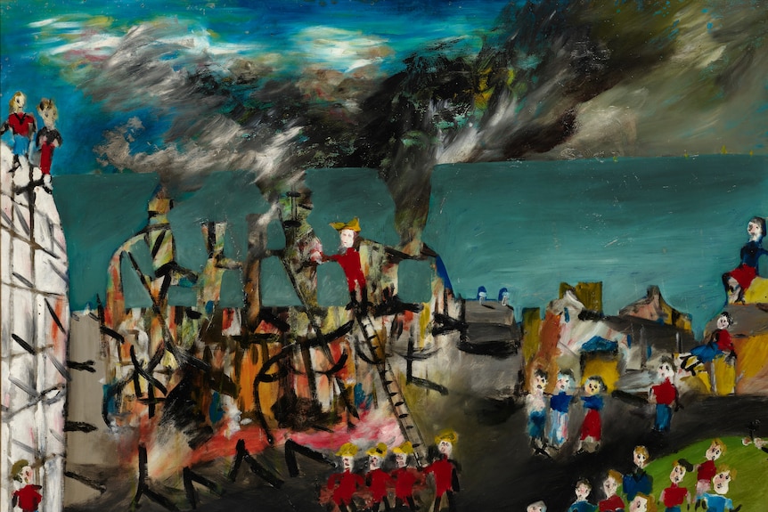A painting of a burning building, plumes of smoke rising in the air, as people gawk and run away from the flames.
