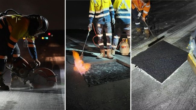 Airport crews work overnight to repair damage caused by a lightning strike on the western runway.