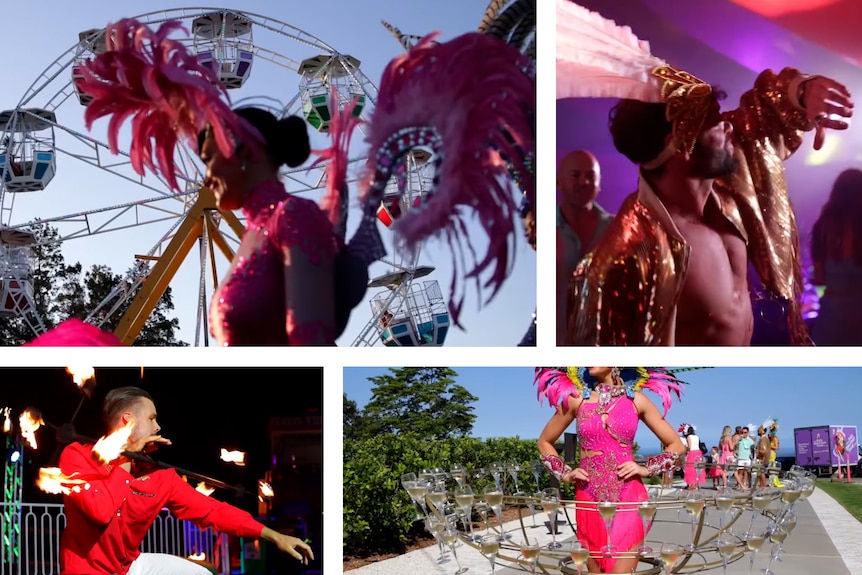 A mosaic of stills from a party featuring a ferris wheels, carnival dancers and fire twirlers.