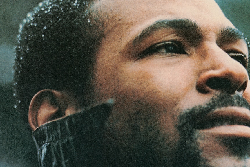 Very close-up photo of Marvin Gaye's face