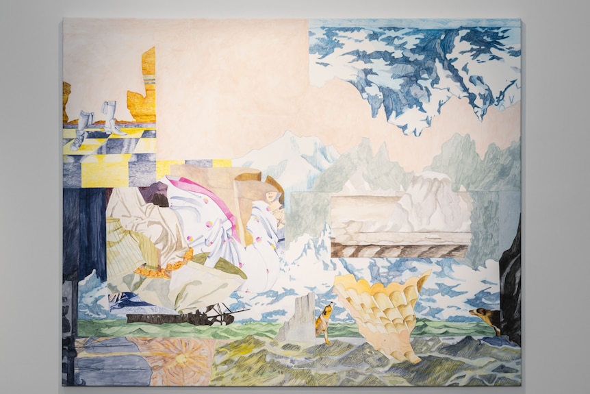 An abstract collage-style work with mountains and human figures, as well as dogs.