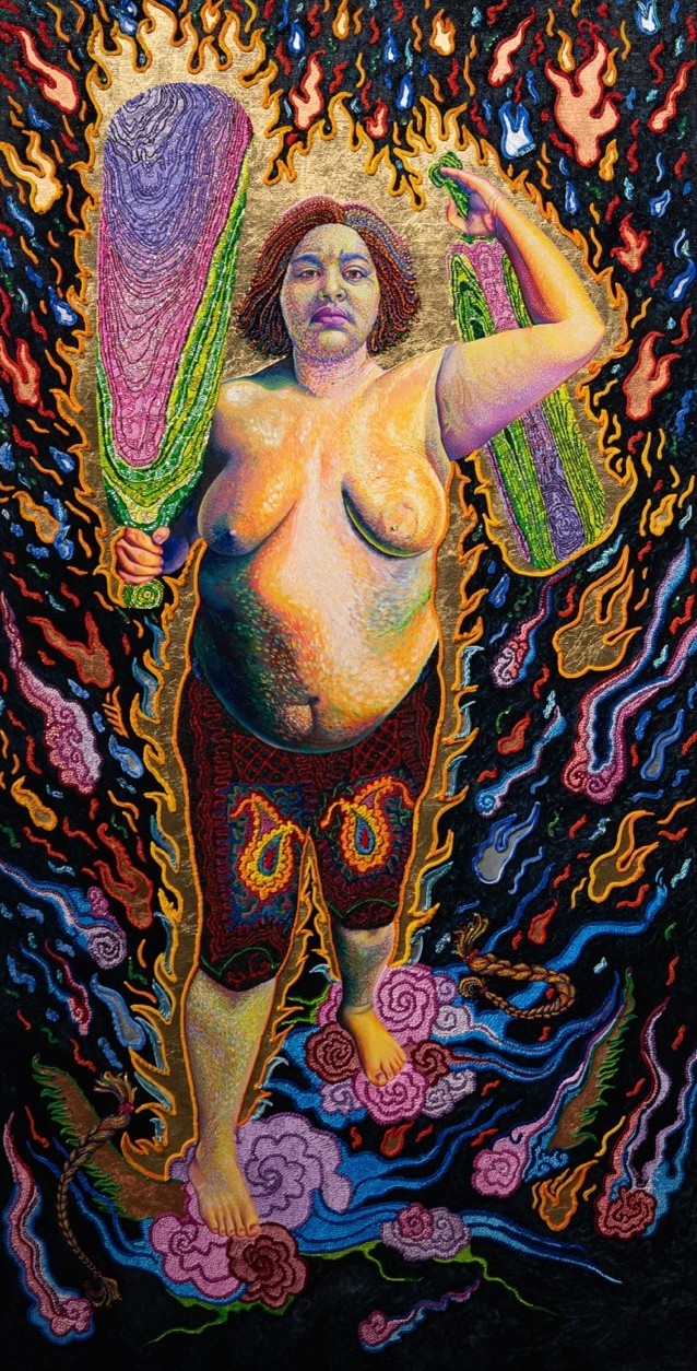 A colourful painting of a woman with her hand in the air.