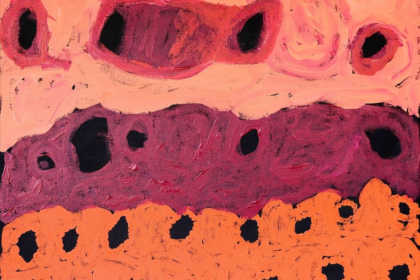 A painting with orange, red and black colours and circles.