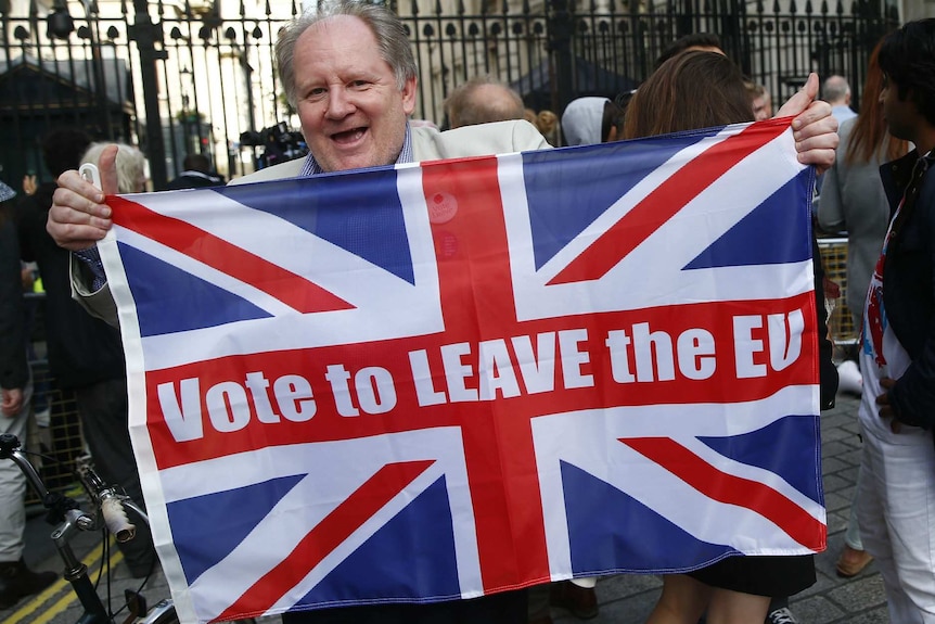 An older man holds up a flag bearing the Union Jack and the words "Vote to leavve the EU".