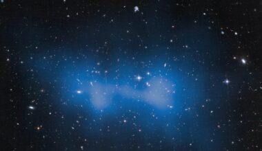 Hubble image of the El Gordo supercluster with the estimated dark matter highlighted in blue. Credit: NASA Hubble