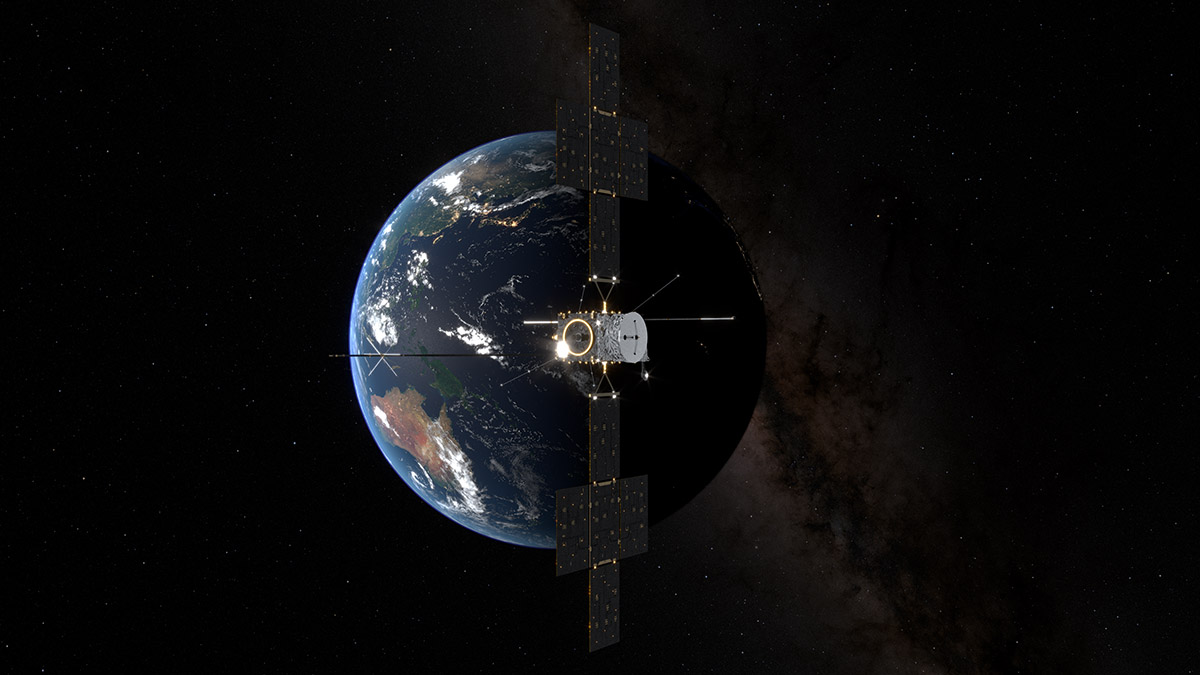 Illustration showing the ESA Juice mission flying by Earth. Credit: ESA