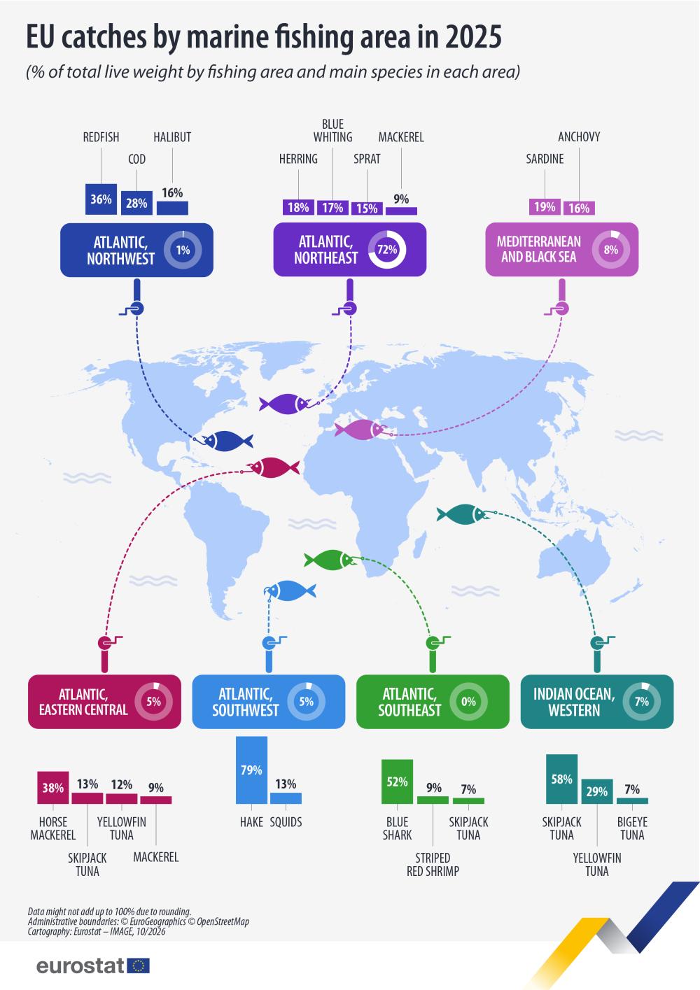 EU catches by marine fishing area in 2025 (% of total live weight by fishing area and main species in each area). Infographic. See links to the full datasets below.
