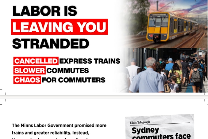 a political ad that reads labor is leaving you stranded with an image of a train and people