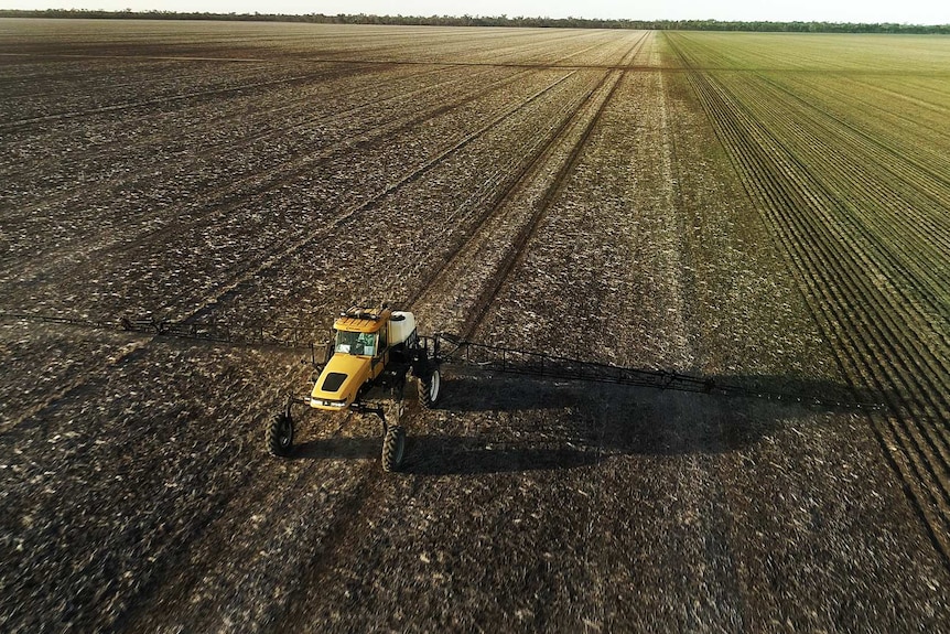 Aerial view of a vehicle spraying herbicide on a vast agricultural field.