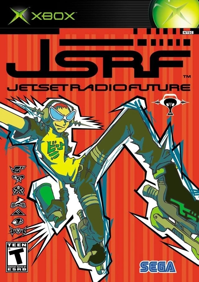 Garish illustration of a rollerblading graffiti artist on cover for Jet Set Radio Future Xbox videogame cover