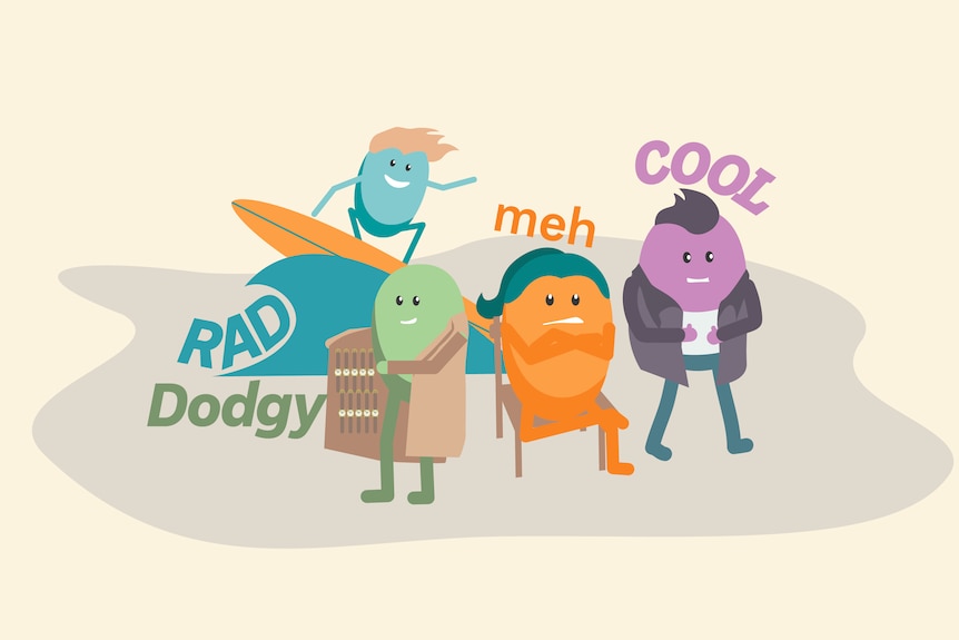 A graphic showing humanoid blobs as cool, dodgy, rad or meh characters