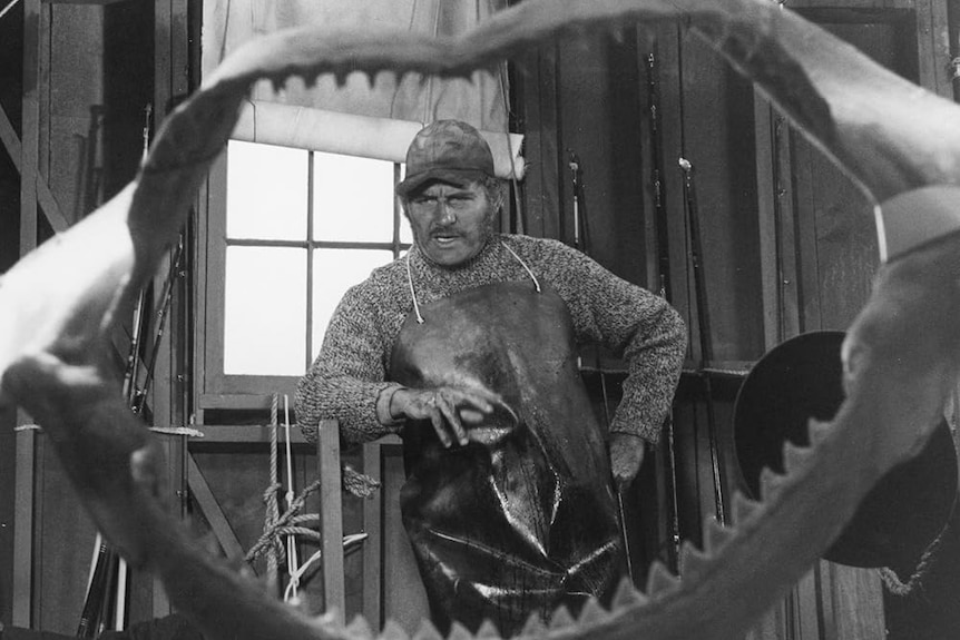 Robert Shaw is seen through the skeleton of a shark's mouth while wearing a leather apron in a small cabin.