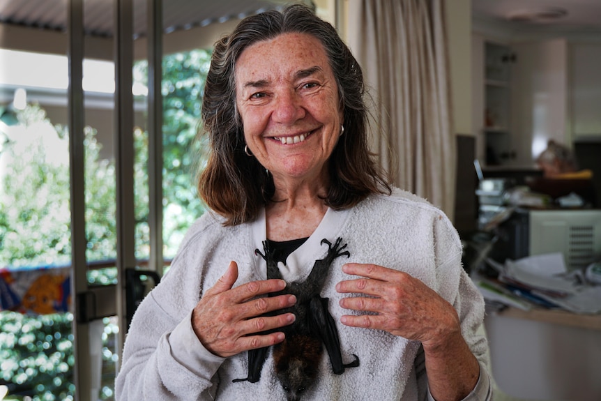 A smiling woman with shoulder-length brown hair has a flying fox clinging to her cardigan.