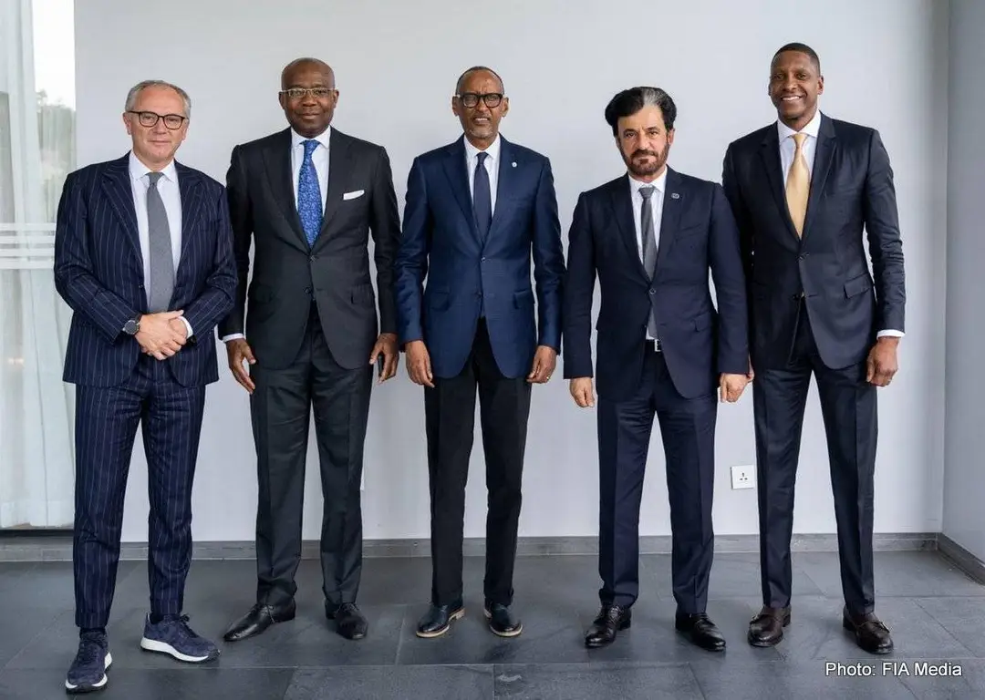 FIA President Mohammed Ben Sulayem Rwanda President Paul Kagame Stefano Domenicali and officials