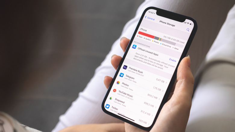 Hand holding an iPhone, showing the Storage screen in Settings.