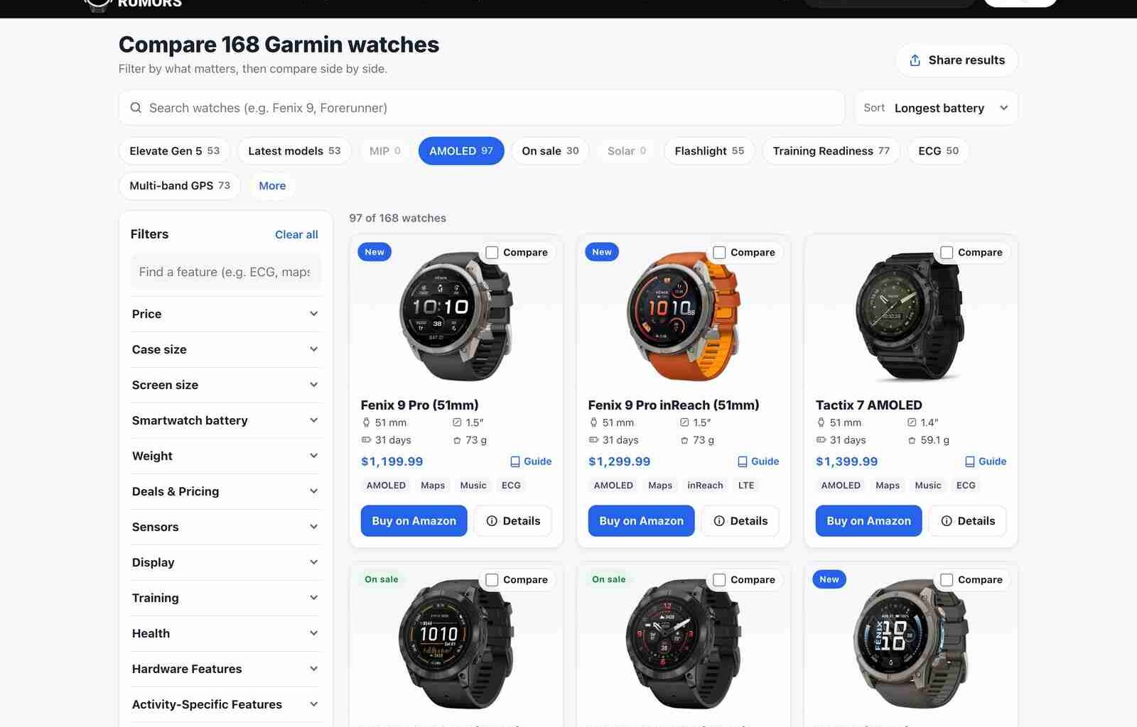 The new Garmin Rumors watch comparison on desktop, showing AMOLED watches sorted by longest battery