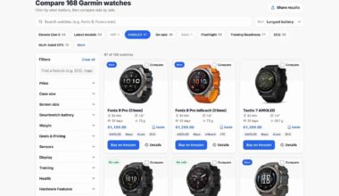 The new Garmin Rumors watch comparison on desktop, showing AMOLED watches sorted by longest battery