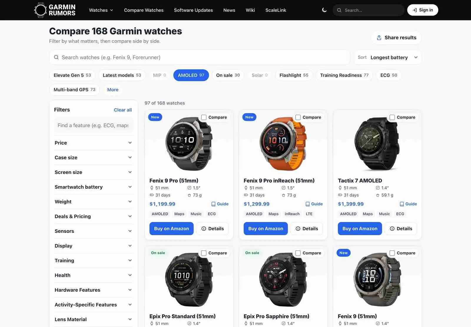 The new Garmin Rumors watch comparison on desktop, showing AMOLED watches sorted by longest battery