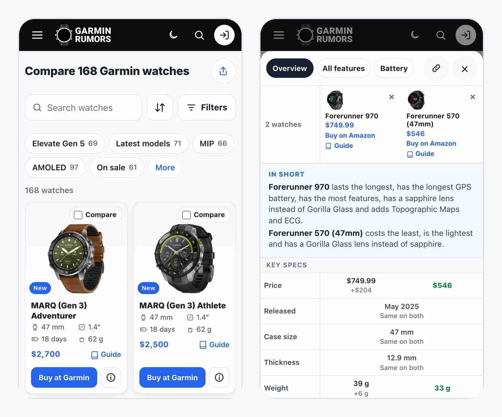 The new Garmin watch comparison on a phone: the watch list and a two-watch comparison