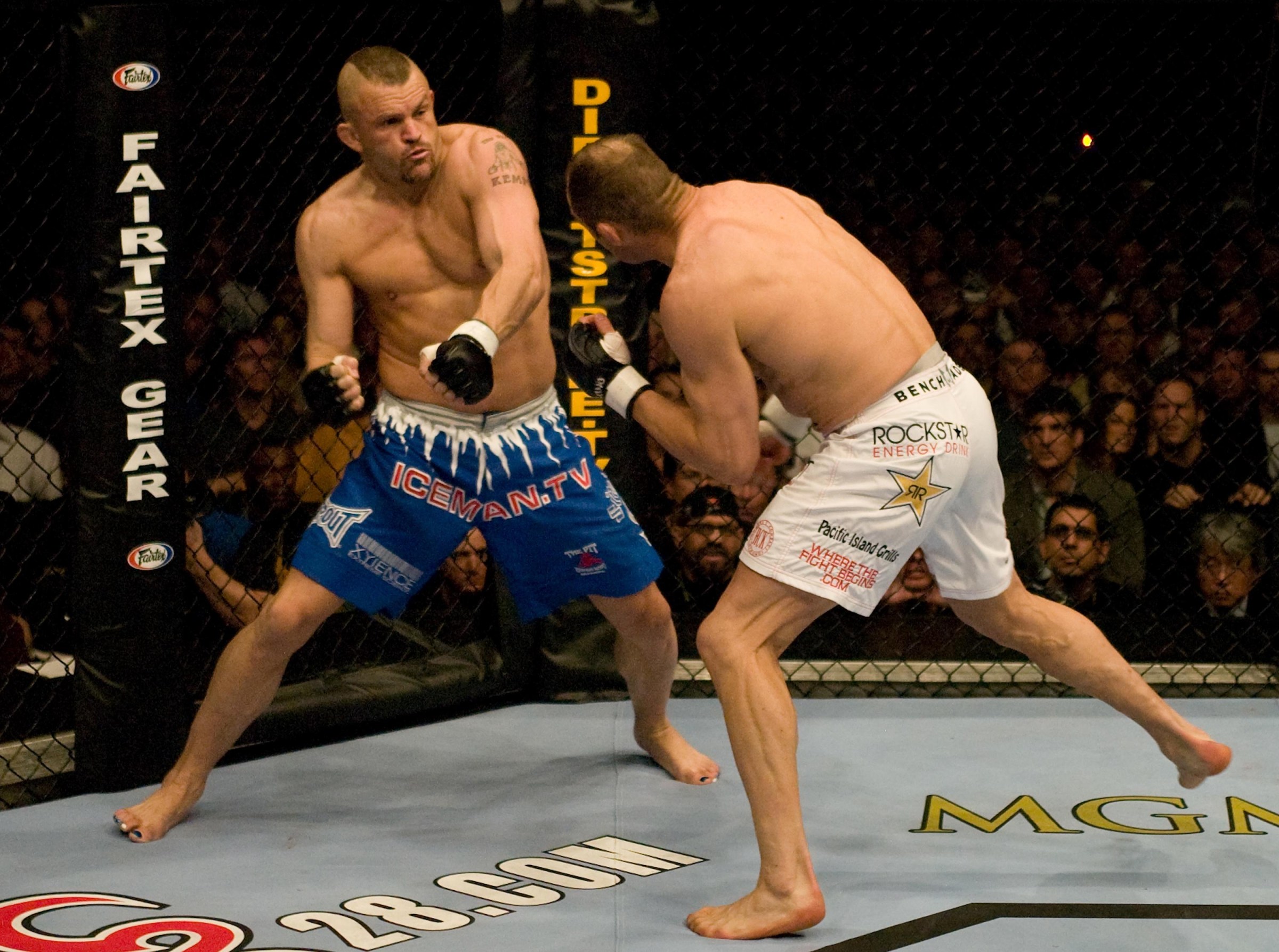 LAS VEGAS, NV - APRIL 16: (L-R) Chuck Liddell punches Randy Couture at UFC 52 at the MGM Grand Garden Arena on April 16, 2005 in Las Vegas, Nevada. (Photo by Josh Hedges/Zuffa LLC/Zuffa LLC via Getty Images)