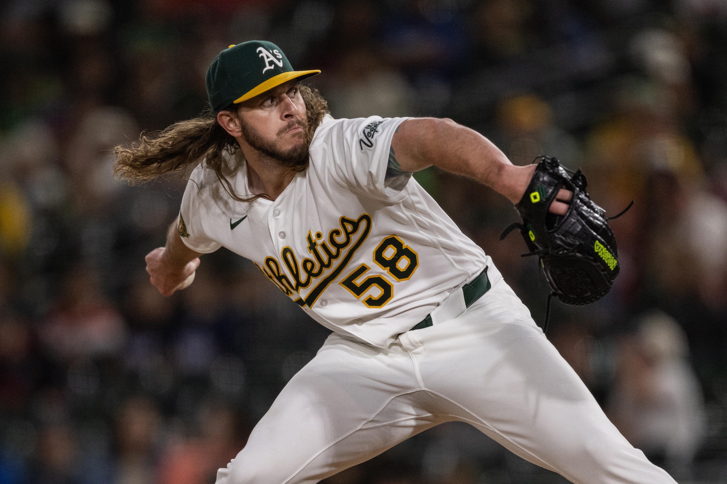 SACRAMENTO, CALIFORNIA - JUNE 19: Scott Barlow #58 of the Athletics pitches in the top of the eighth inning against the Los Angeles Angels at Sutter Health Park on June 19, 2026 in Sacramento, California. (Photo by Justine Willard/Athletics/Getty Images)
