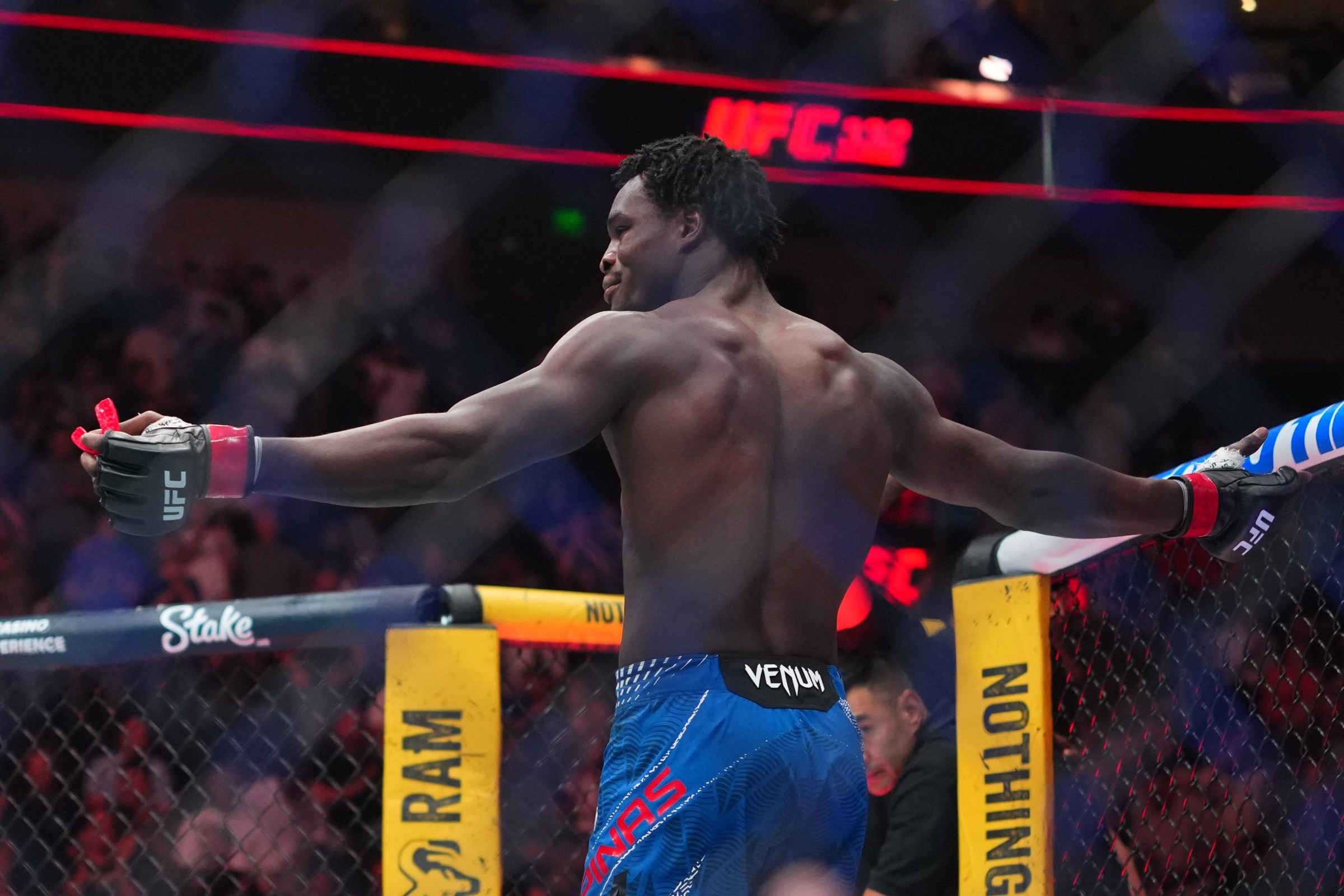 SALT LAKE CITY, UTAH - OCTOBER 03: Damian Pinas of Suriname reacts after a knockout victory against Andrey Pulyaev of Russia in a middleweight fight during the UFC 332 event at Delta Center on October 03, 2026 in Salt Lake City, Utah. (Photo by Cooper Neill/Zuffa LLC)