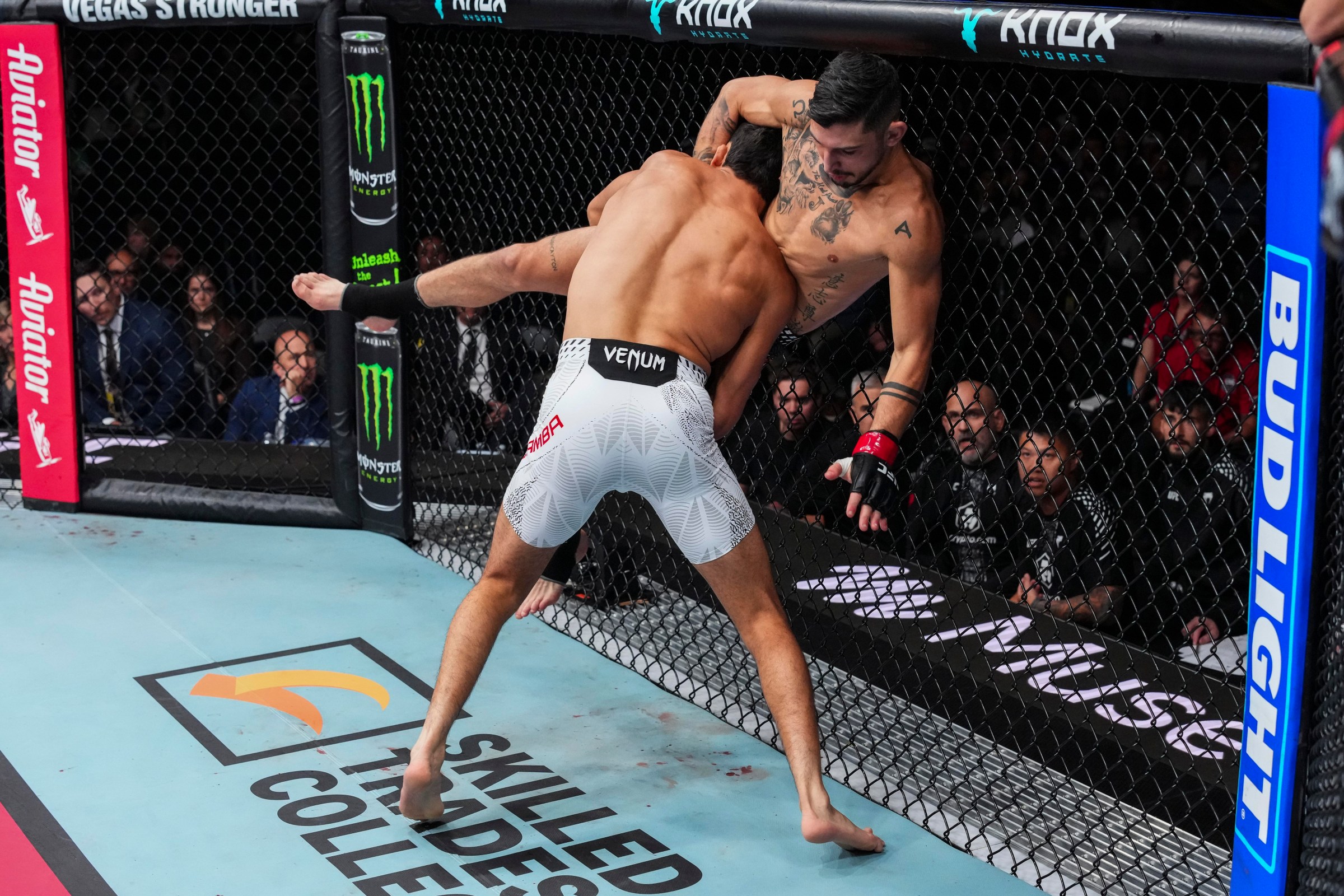 EDMONTON, ALBERTA - OCTOBER 17: Timmy Cuamba grapples with Louis Jourdain of Canada in their bantamweight fight during UFC Fight Night event at Rogers Centre on October 17, 2026 in Edmonton, Alberta, Canada. (Photo by Ed Mulholland/Zuffa LLC)
