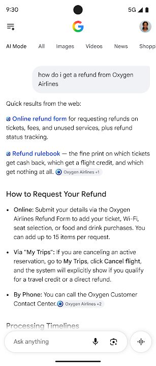 Google AI Mode example showing official airline refund links under Quick results from the web.