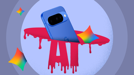 Google Pixel phone sinking into a melting AI logo with Gemini icons around it.