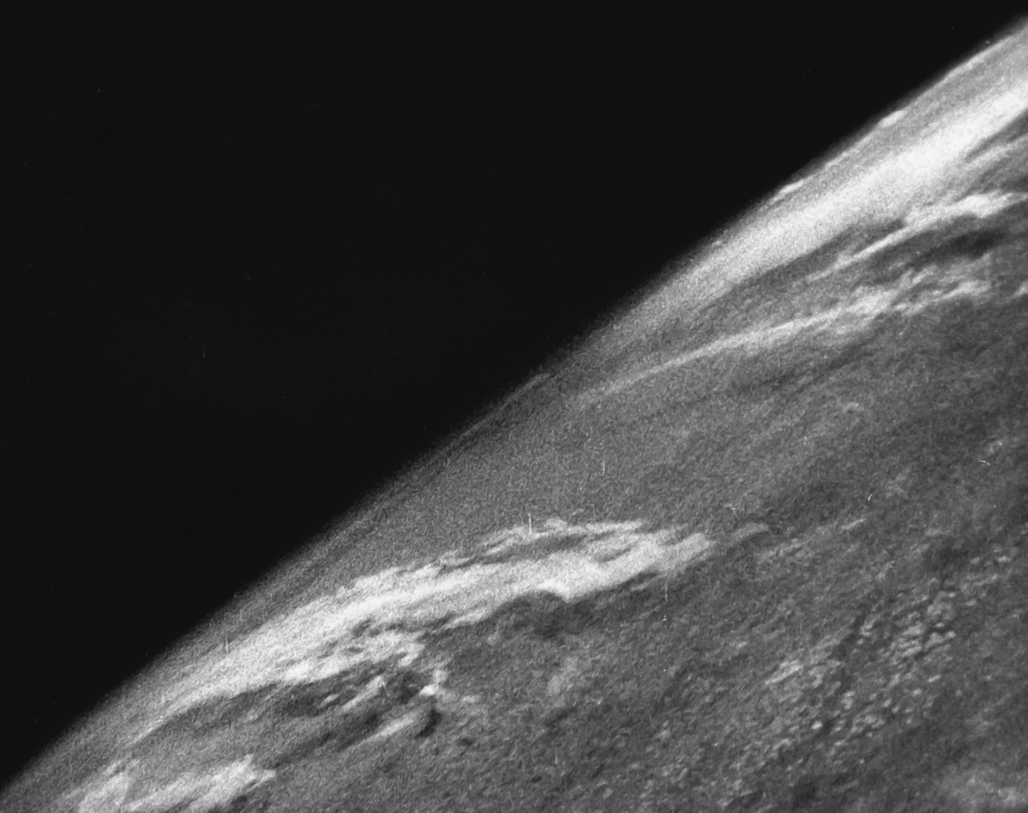 This photo is the first view of Earth from space taken by a camera on a U.S. Army V-2 rocket launched from White Sands Missile Range in New Mexico on Oct. 24, 1946.