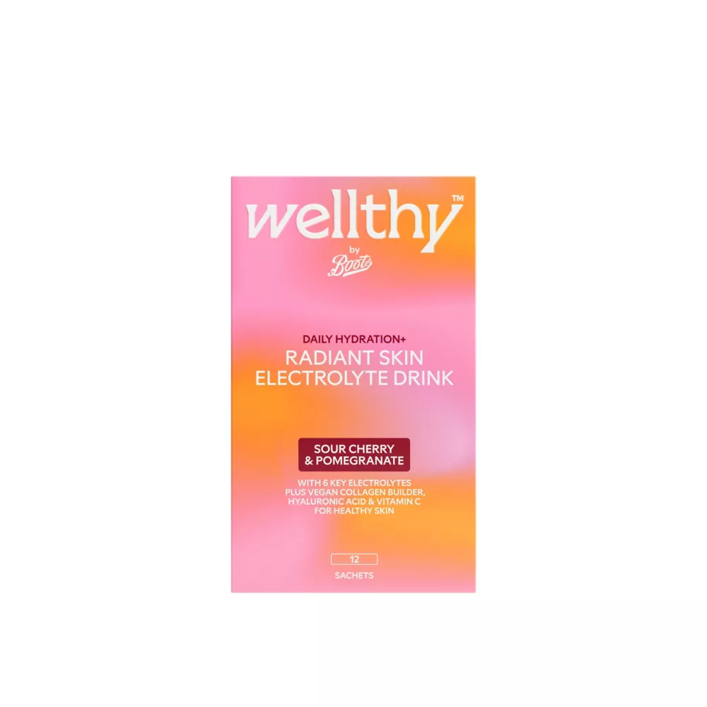 Wellthy by Boots Daily Hydration+ Sour Cherry & Pomegranate Flavour Radiant Skin With Vegan Collagen Builder Sachets 12s