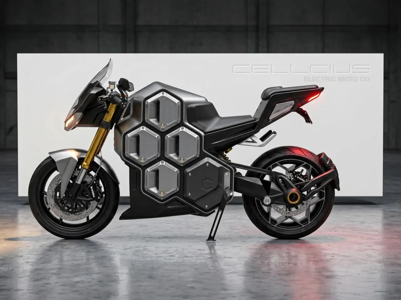 Brisbane Studio's Cellcius C-01 Electric Superbike Transforms with Swappable Honeycomb Battery System Cellcius C-01 electric bike in workshop, showcasing its hexagonal battery superbike design.