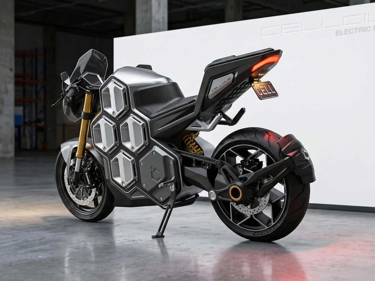 Brisbane Studio's Cellcius C-01 Electric Superbike Transforms with Swappable Honeycomb Battery System Close-up of the hexagonal battery system installed on the superbike.